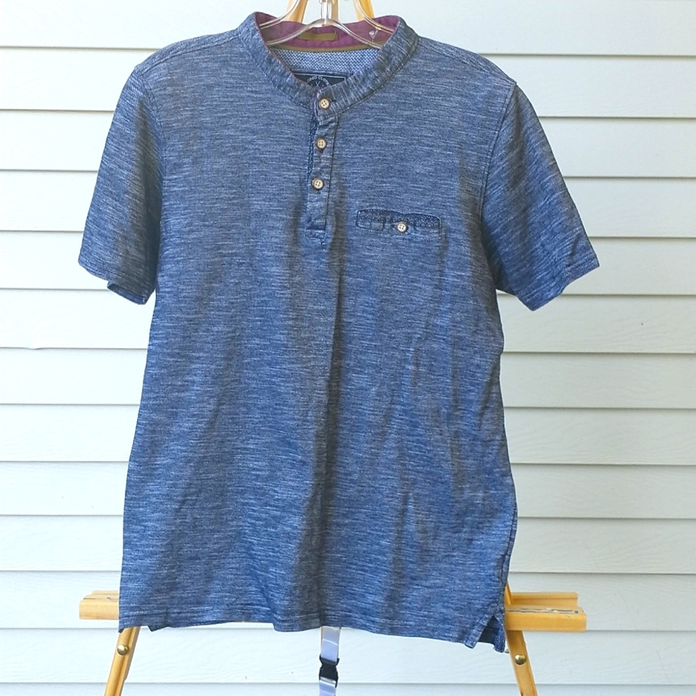 Knit Heritage Blue-Grey Collarless Button Up with Chest Pocket Size M